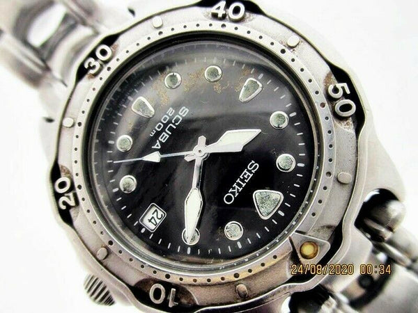 02' SEIKO 7N35 6030 MIDSIZE SCUBA SS DATE # 270095 DIVE QUARTZ SERVICED WATCH