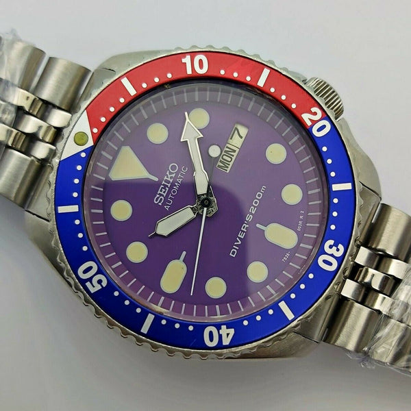 02' SEIKO 7S26 0020 SKX007 MENS PURPLE PEPSI DAY DATE 252481 SHIP SRVCD WATCH