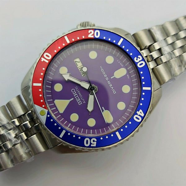 02' SEIKO 7S26 0020 SKX007 MENS PURPLE PEPSI DAY DATE 252481 SHIP SRVCD WATCH