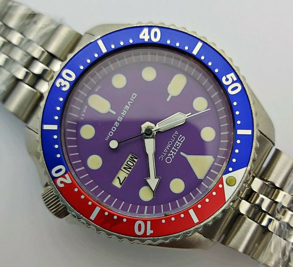 02' SEIKO 7S26 0020 SKX007 MENS PURPLE PEPSI DAY DATE 252481 SHIP SRVCD WATCH